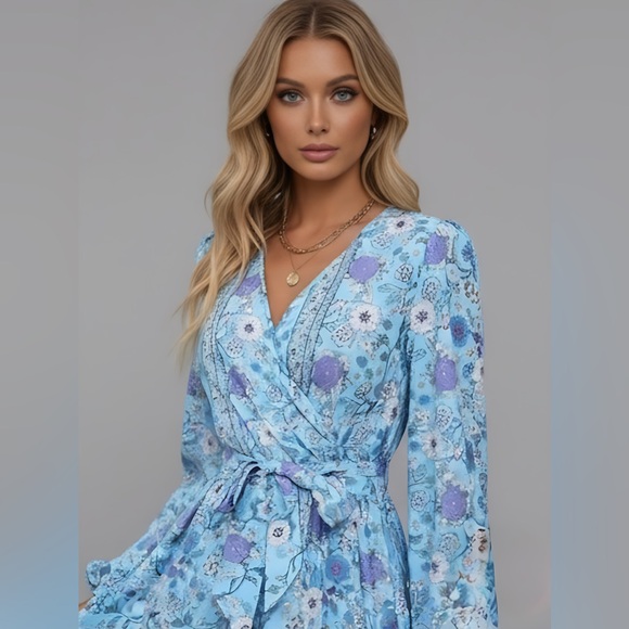 Floral Print Lantern Sleeve Ruffle Hem Belted Dress - Picture 2 of 5